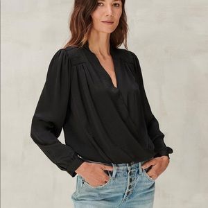 Lucky Brand, Surplice Long Sleeve Top, Black, Sz Large